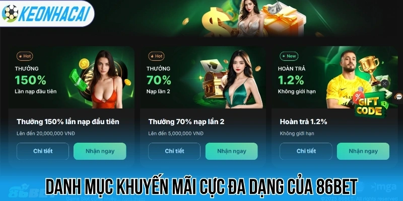 86Bet - Nhà Cái Cá Cược Uy Tín Hàng Đầu Khu Vực Châu Âu 2 Danh mục khuyến mãi cực đa dạng của 86Bet